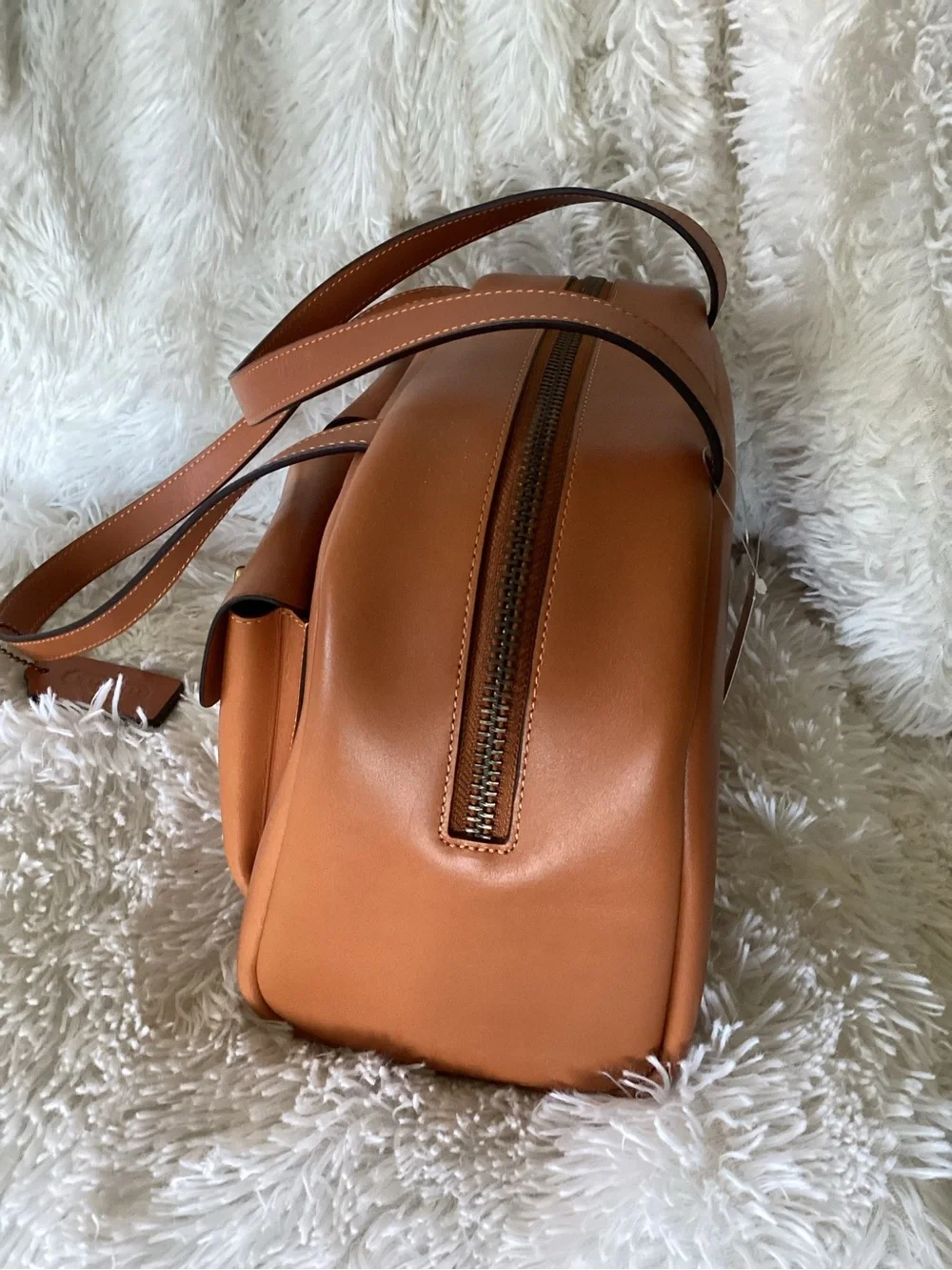 Coach Turnlock Toffee Leather Double Pocket Satchel